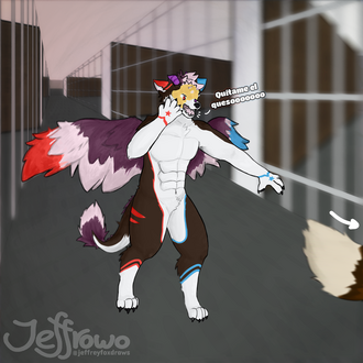 A dragon-husky yelling at another character running off screen "Get this cheese off me!", he appears to have a cheese on his face.